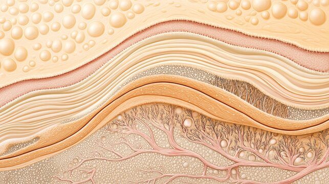 An abstract representation of skin layers showcasing textures, colors, and patterns. Ideal for educational materials about skin anatomy.