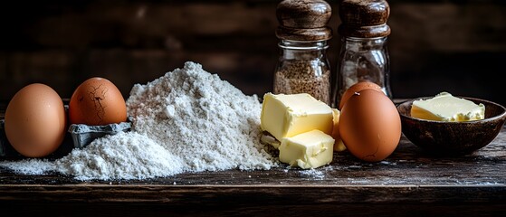 A collection of baking ingredients including eggs, flour, and butter on a wooden surface.