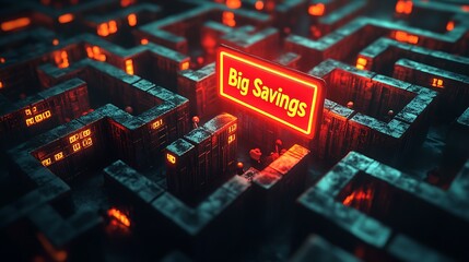 Fototapeta premium A large and detailed price tag maze, vibrant red and yellow tags forming intricate pathways, small customers navigating towards a bright “Big Savings” sign at the center,