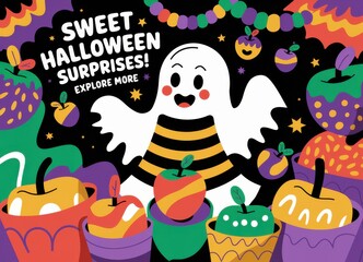 Fototapeta premium Playful Halloween Ghost Surrounded Colorful Apples Pumpkins - Whimsical Illustration Halloween Party Marketing Festive Event Promotions