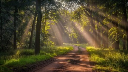 Fototapeta premium Dirt Road in a Forest with Sunbeams Shining Through the Trees and a Path on the Other Side