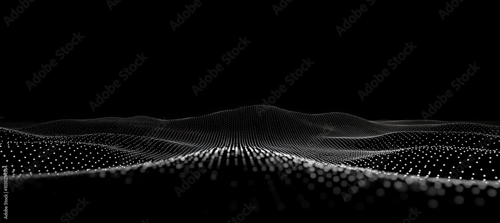 Poster the wave has dots and lines that are connected to create an abstract mesh. the mesh is rendered in 3