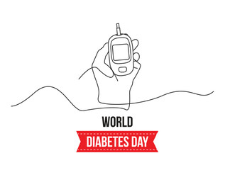 
Continuous one line drawing hand using glucometer for checking blood sugar level. World diabetes day concept. Single line draw design illustration