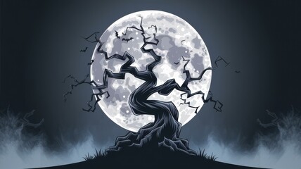 Fototapeta premium Eerie Twisted Tree Silhouette Full Moon - Spooky Halloween Illustration Decorations, Party Invitations, Seasonal Promotions