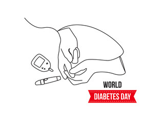 Continuous one line drawing hand using glucometer for checking blood sugar level. World diabetes day concept. Single line draw design illustration