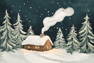 Fototapeta premium Smoke is coming out of the chimney of a wooden cabin surrounded by snow covered pine trees in a snowy forest at night