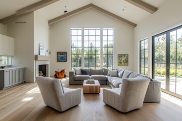 Fototapeta premium Traditional style living room and kitchen with vaulted ceilings and elegant furnishings. Lighting is off.