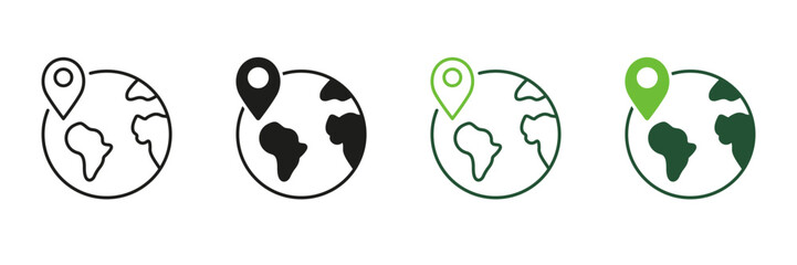 Planet Earth with Location Pin Line and Silhouette Icon Set. International Shipping Symbol. Global Delivery Icon. Worldwide Delivery Sign. Editable Stroke. Isolated Vector Illustration