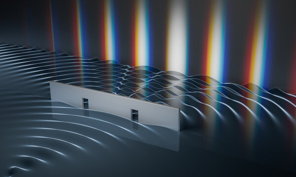 Double-slit experiment in physics. Quantum physics and particle-wave duality concept. 3D rendered illustration.