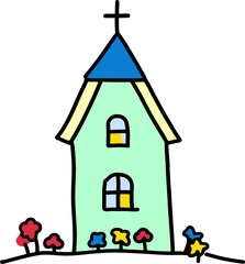 Whimsical Hand-Drawn House Illustration with Colorful Flowers and Blue Roof