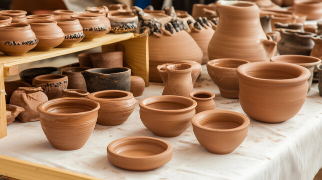 Group terracotta pottery handmade earthware clay bowls jars pots arty display earthy tones rustic natural decor traditional market stall product banner DIY lifestyle learn maker vintage craft concept