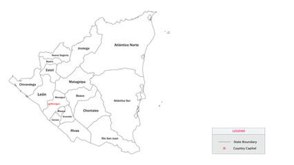 Nicaragua Map. State and district map of Nicaragua. Administrative map of Nicaragua with states and boundaries in white color.