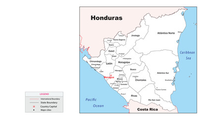 Nicaragua Map. State map of Nicaragua. Administrative map of Nicaragua with state and capital in white color.