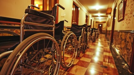 Wheelchairs Lined Up In A Hospital Hallway