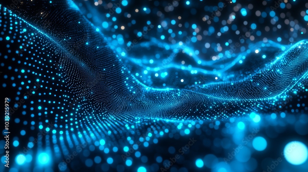 Poster flow of futuristic green dots and a dynamic wave background. 3d rendering.