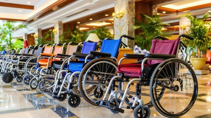 Obraz premium A row of colorful wheelchairs lined up in a hotel lobby