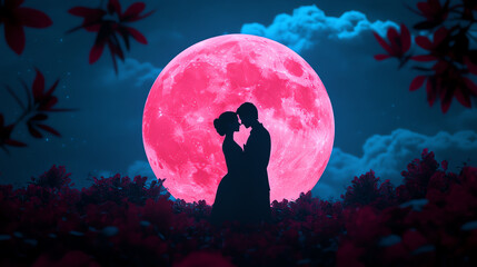 Obraz premium A romantic silhouette of a couple kissing against a vivid pink full moon