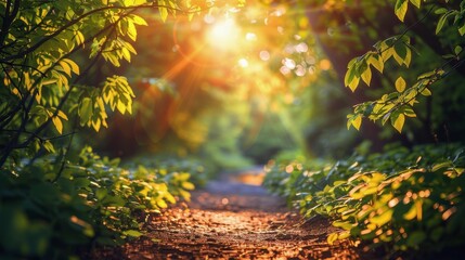 Obraz premium A tranquil forest path illuminated by the warm glow of sunset during the golden hour