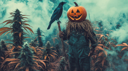 A spooky jack-o'-lantern scarecrow with a perched raven stands in a misty cannabis field