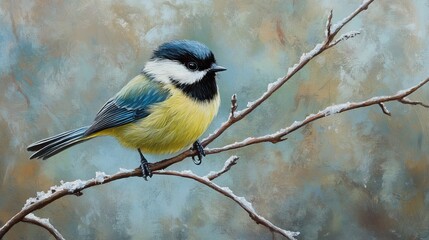 Fototapeta premium A Colorful Bird Perched on a Snowy Branch