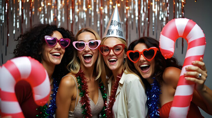 Women celebrating New Year with inflatable candy canes