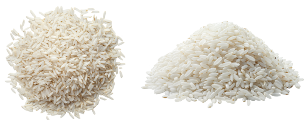 Piles of uncooked white rice grains isolated on transparent background, raw food ingredient for cooking, essential staple food, healthy grains, and diet concept, top and side view