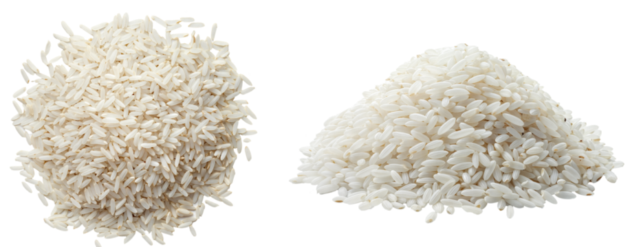 Piles of uncooked white rice grains isolated on transparent background, raw food ingredient for cooking, essential staple food, healthy grains, and diet concept, top and side view