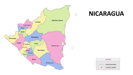 Obraz premium Nicaragua Map. State map of Nicaragua. State map of Nicaragua in colour with capital.
