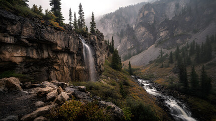 Majestic Waterfall Cascade in Mountain Valley with Stream and Fog
