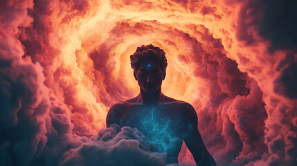A surreal depiction of a figure surrounded by swirling clouds and vibrant colors, representing introspection and the exploration of consciousness.