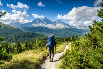 Fototapeta premium Feeling the freedom of nature while hiking trough epic mountain landscape with a big backpack