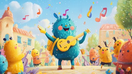 Fototapeta premium A happy blue monster plays guitar in a cartoon town square surrounded by other cheerful monsters playing instruments.