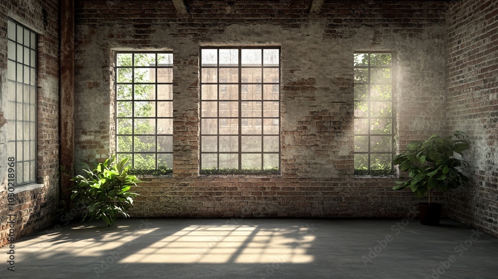 Wall mural Industrial grunge interior with old brick walls and giant windows. Interior concept background. 3D render.