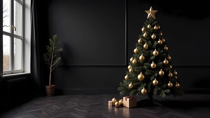 Fototapeta premium Rich Christmas tree with gold ornaments against dark walls