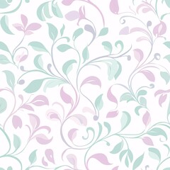 Delicate floral pattern with pastel leaves and flowers on a white background, perfect for wallpapers, textiles, or digital designs.