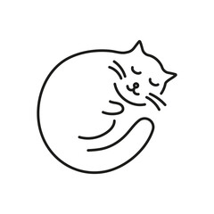 Sleeping Cat Curled Up Line Icon. Peaceful Pet Rest and Calm Night Outline Symbol. Cozy and Peaceful Feline Nap. Editable Stroke. Isolated Vector Illustration