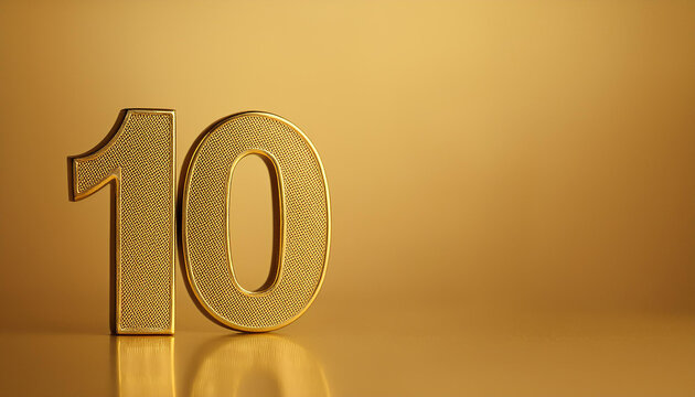 Golden number 10 ten on golden background with gradient. Copy space. 3D rendering.