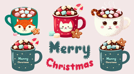 Set of hot drinks topped with marshmallow and gingerbread. Christmas hot chocolate marshmallow. Seasonal winter treats. Flat vector illustration.