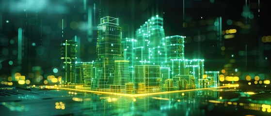 Futuristic Green Hologram Cityscape Design