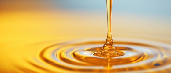 Close Up of Golden Oil Droplet Falling, Creating Ripples on Liquid Surface