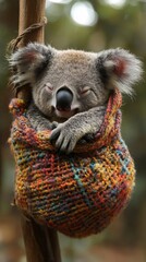 Obraz premium Koala sleeping peacefully in a colorful wool pouch.