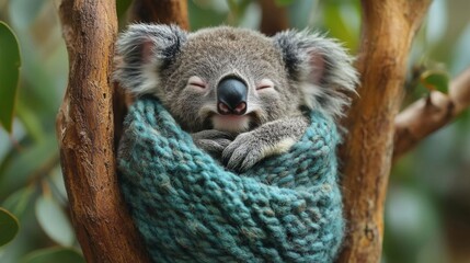 Fototapeta premium A sleeping koala wrapped in a soft pouch.