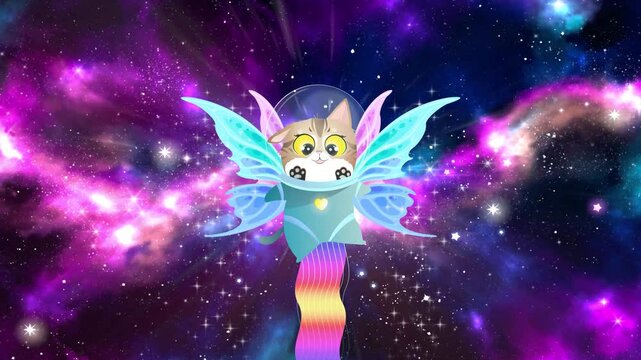 Animation of cute kitty cat in astronaut suit flying in space and action adventure game vibes, with a colorful space background. Adorable astronaut kiten exploring a new planet.