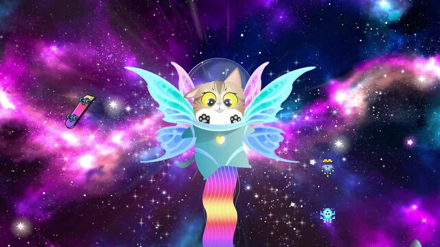 Animation of cute kitty cat in astronaut suit flying in space, with a colorful space background. Meteorites, aliens, skateboards, umbrella, flying saucers etc. pass in the background with full speed. 