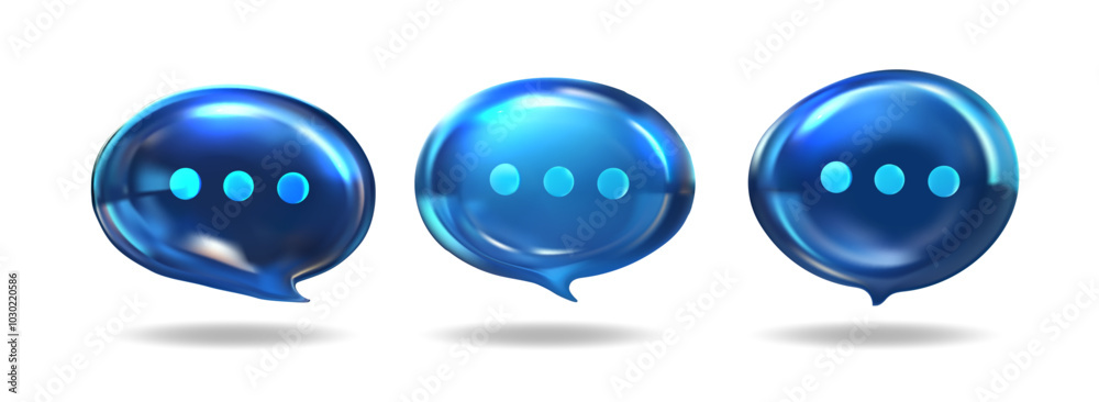Poster 3d vector illustration of blue chat or speech bubbles with glowing effect and ellipsis, symbolizing 