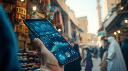 In a lively outdoor market filled with colorful stalls, an individual uses a tablet to track market trends and analyze data, surrounded by shoppers and vendors engaging in trade.
