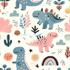 cute dinosaur art print with pastel colors and abstract shapes