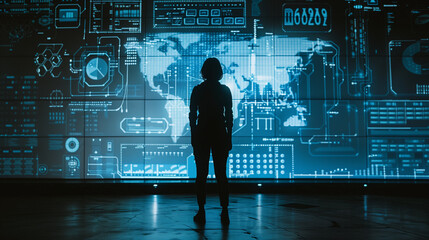 Silhouette Against the Digital Tide: A Figure Stands Before a colossal Screen Displaying a Torrent of Cyber Threats and Vulnerabilities