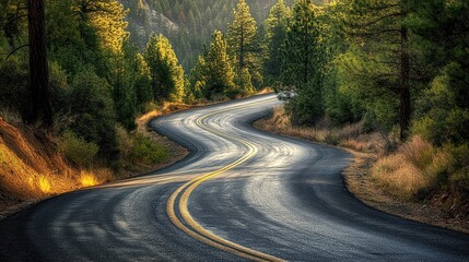 Fototapeta premium A red truck is driving down a road in the mountains. The road is surrounded by trees and the sky is cloudy