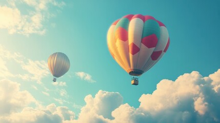 Fototapeta premium Two hot air balloons soar through a cloudy sky.